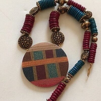 Vintage Gorgeous Bead Necklace & Circle Pendant Statement Tribal, Red Blue Tan