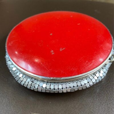 Evans Red Enamel & Silver Mesh Vintage Art Deco Flapper Powder Makeup Compact