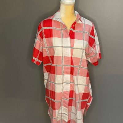 Vintage Eber San Francisco Women’s Short Sleeve Plaid Button Up Long Shirt Large