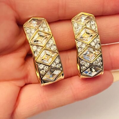 Swarovski Earrings VTG Clip Signed Swan Rare Drop Cuff Crystal Classy Gold Bold