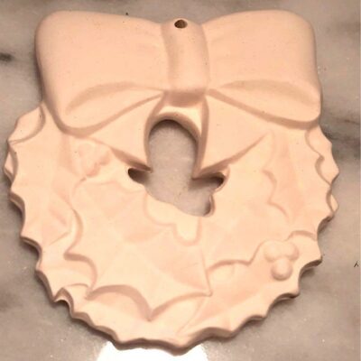 Vintage Ceramic White Bisque Christmas Ornament Holly Bow Wreath Ornament Ready