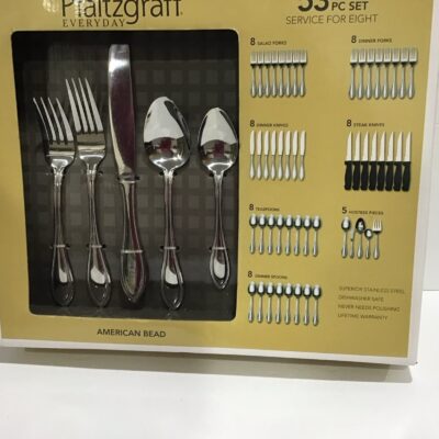 Pfaltzgraff 53pc Flatware Set Serves 8 American Bead Steak Knives Serving Spoons