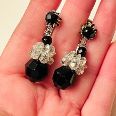 Earrings Vendome Signed VTG clip Dangle Beaded Crystal Cluster Rare Classy Drop