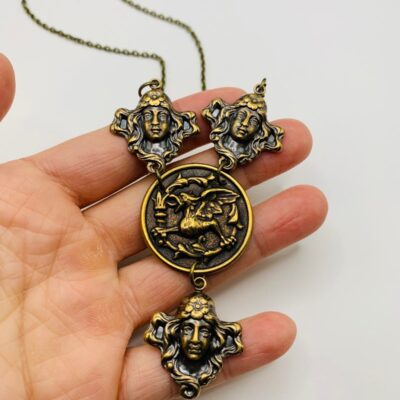 Vintage Style Art Nouveau Statement Necklace with Griffin and Goddess detailing