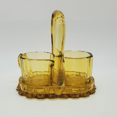 Vintage Amber Glass Creamer and Sugar Dish in Glass Caddy