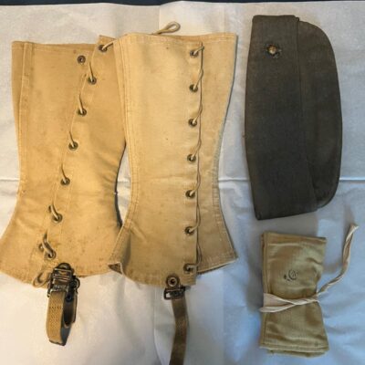 WW II Lot – Leggings, Garrisons Cap, 1940 Army-Issued Sewing Kit