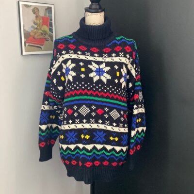 VTG 80s/90s Colorful Winter Maximalist Turtleneck Bravo Sweater Size Large