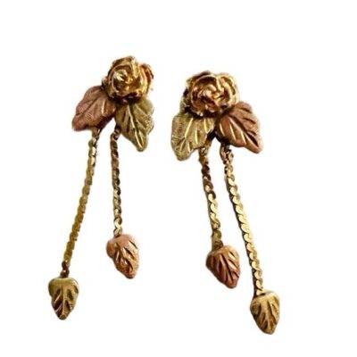 Vtg. Black Hills Gold Roses Colored Dangling Leaves Pierced Earrings