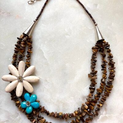 Vintage tigers eye, white & turquoise howlite flower necklace