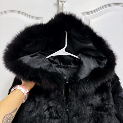 Genuine rabbit fur leather coat with hood