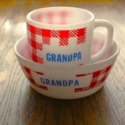 1950s Retro Westfield Milk Glass Personalized Soup/Cereal Bowl & Cup “Grandpa”