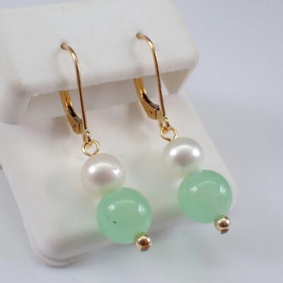 Vintage 14K Yellow Gold Jade and Pearl Drop Earrings – 80s Estate Gemstone