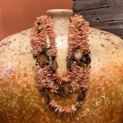 Four Strand Abalone Shell, Smokey Quartz and Pearl Necklace