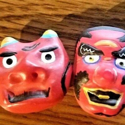 Set of 2 1″ Mini Red Face Mask Fridge Magnets Handpainted Horns Devil