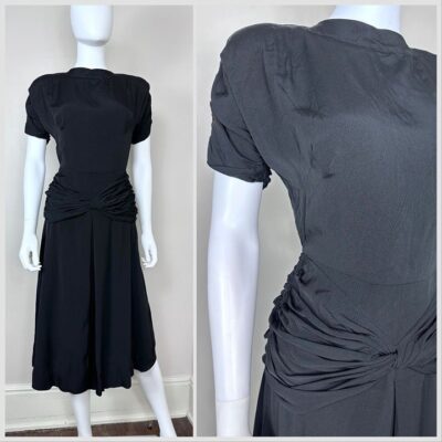 Vintage 1940s Black Dress with Ruched Waist, R & K Originals Size XXS