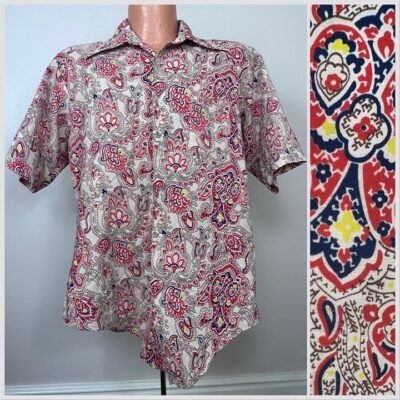 Vintage 1970s Paisley Floral Men’s Short Polyester Sleeve Shirt, K Mart Large