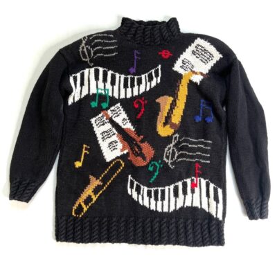 Karen Scott vintage black mock neck sweater with musical instruments/M