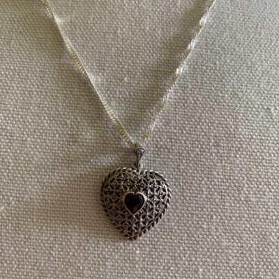 Beautiful Vintage Marcasite and Sterling Heart Pendant/Garnet Center Necklace