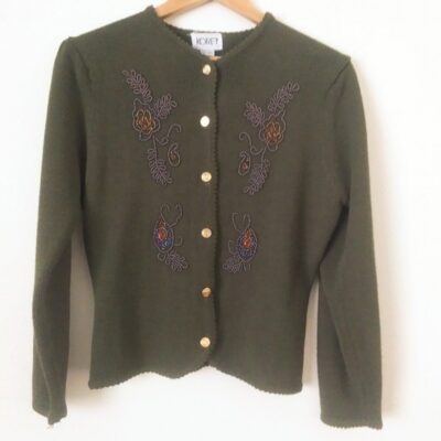 Vintage Koret Grandma Beaded Cardigan, Size Med, Olive Green, Floral