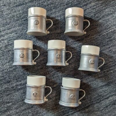 7 Wilton Pewter Armetale Plough Tavern Coffee Mugs Ceramic Inserts Liberty Bell