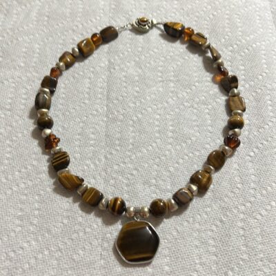 Vintage Tigers Eye and Amber Necklace