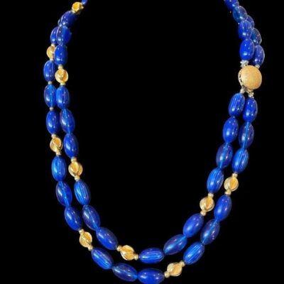 Vintage Blue & Gold Bead Double Strand Necklace Gold Tone Box Clasp Classic