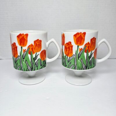 Pair of Vintage 1970s Pedestal Tulip Coffee Tea Mugs Numbered