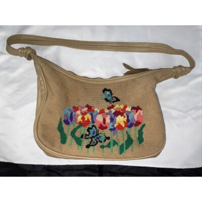 VTG TAPESTRY TULIPS FLOWERS FLORAL NEEDLEPOINT EMBROIDERED LEATHER PURSE