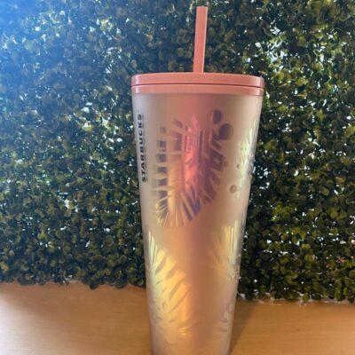 Starbucks Pink Holographic Iridescent Palm Leaf Pinecone Christmas edition venti