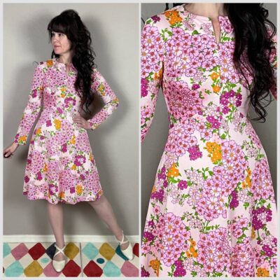 Vintage 1970s Pink Floral Print Long Sleeve Mini Dress