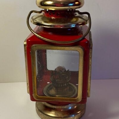 Vintage Hanging Red & Gold 4 Panel Glass Oil Lantern