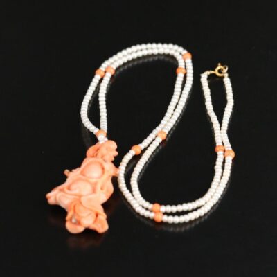 Carved Angel Skin Coral and Cultured Pearl 14k Vintage Necklace