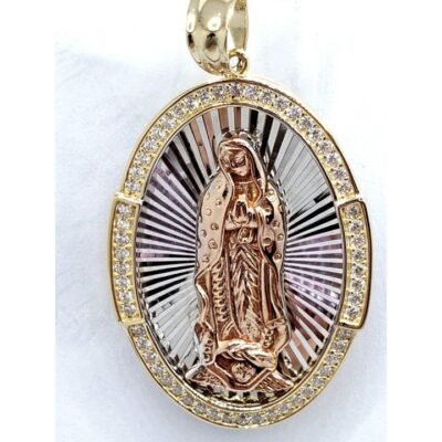 14K REAL GOLD tricolor diamond cut Guadalupe CZ White Pendant