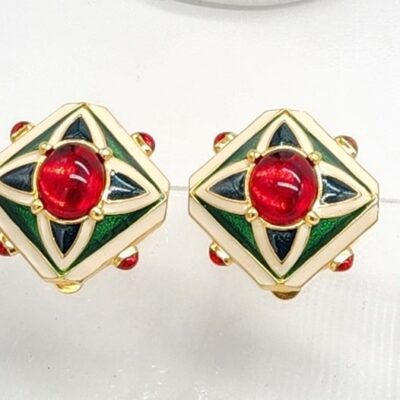 Joan Rivers Vintage Clip On Earrings Festive  Colors Red Green Cabochons Golden