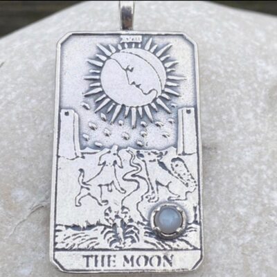 Moon Tarot Card Pendant .925 Sterling Silver w/ genuine Gray moonstone USA