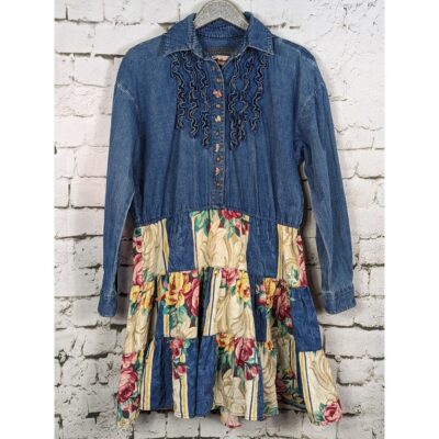 VINTAGE KAREN ALEXANDER Boho Cottage Prairie Floral Patchwork Denim Dress 12