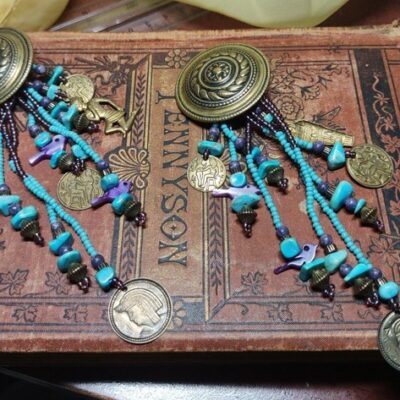 Turquoise and Brass Clip On Earrings Egyptian Revival