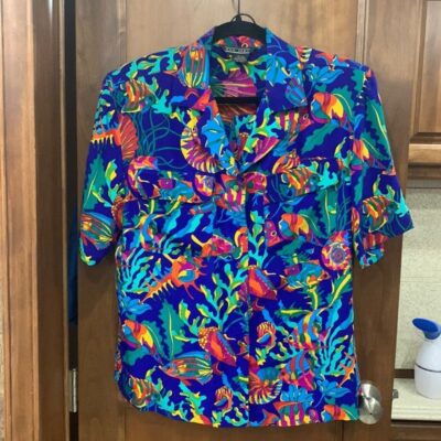 80’s  Ann May silk shirt and shorts tropical fish blue medium