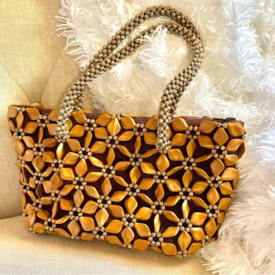 VINTAGE Wood Boho Floral Gold Tone Decorative Beaded Zipper Handbag