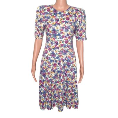 Vintage Cottage core Midi Dress size XS Small Pink Blue Floral Pansies