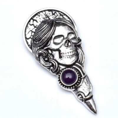 Skull Skeleton Natural Amethyst  925 Silver Stamped 3” Pendant