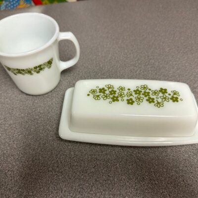 Vintage Pyrex butter Dish Green Spring Blossom Crazy Daisy + Creamer