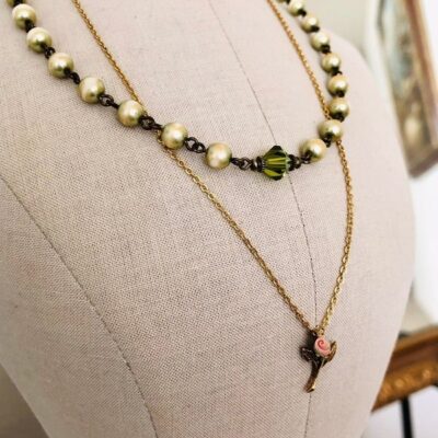 Vintage Dainty Rose Necklace & Green Pearl Necklace