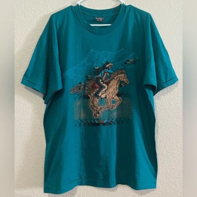 Vintage Men Teal Blue Native American Horse Wolf Hunting Single Stitch Graphic T