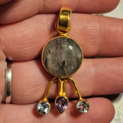 18k gold over sterling silver 925 quartz, amethyst & topaz pendant