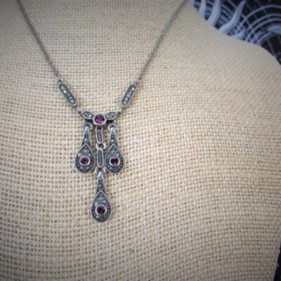 Vintage Art Deco Signed ROMAN Sterling Silver Amethyst Marcasite Necklace