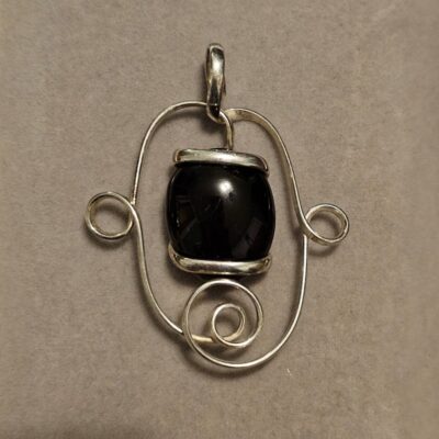 Vintage Silver Tone Wrapped Black Stone Artisan Handmade Pendant