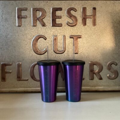 Set of 2 Starbucks Purple Pink Teal Blue Iridescent Oil Slick Stainless Tumblers