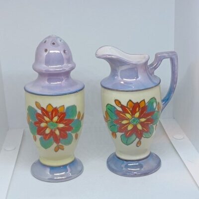 Vintage Japan Blue Luster Orange Flower Sugar Shaker & Creamer Kitchen Table Set