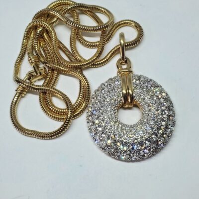 Vintage Swarovski Pave Crystal Donut Circle Long Gold Tone Pendant Necklace